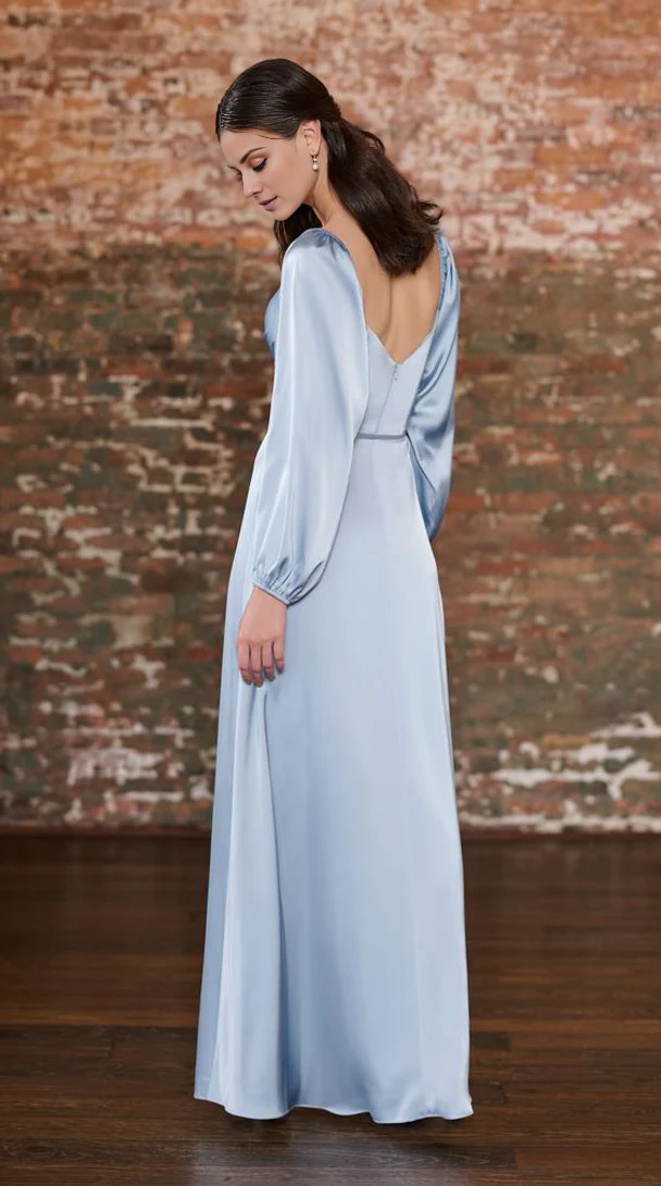 Jimiss square neckline off shoulder long sleeved backless side slit and floor length Prom dress